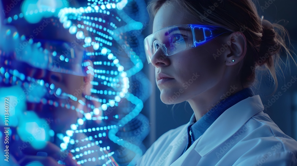 Futuristic Scientist Examining Microscopic DNA Structure in Advanced Laboratory Futuristic Scientist Examining Microscopic DNA Structure in Advanced Laboratory