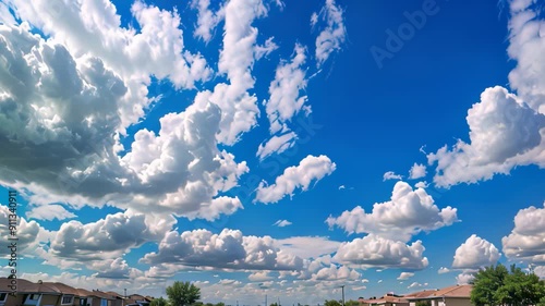 Video footage of daytime sky filled with scattered cumulus clouds,expansive blue sky, a silhouette of low-rise buildings or houses can be seen along the bottom edge photo