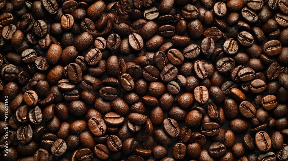 Naklejka premium Close-up of coffee beans in various shades of brown, some falling in different directions, on a dark brown background.