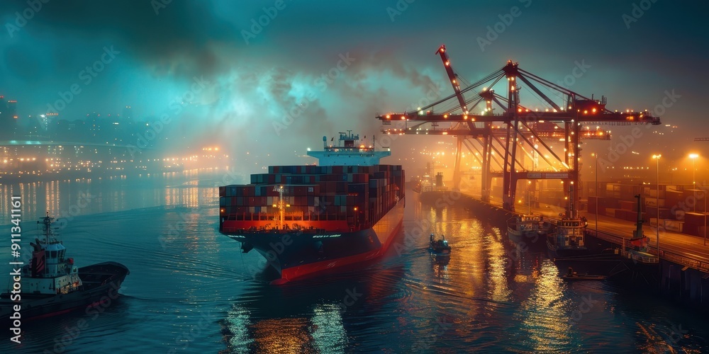 A large cargo ship is docked at a port with a foggy, misty atmosphere A large cargo ship is docked at a port with a foggy, misty atmosphere