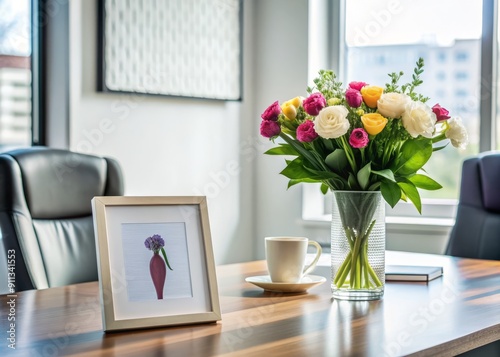 A modern office desk with a flowers vase and a framed motivational quote, symbolizing empowerment and equality for African American women in the workplace.