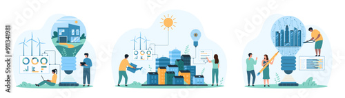 Futuristic smart city projects set. Tiny people develop smart ideas to optimize modern building and urban infrastructure, control settings, grow eco sustainable environment cartoon vector illustration