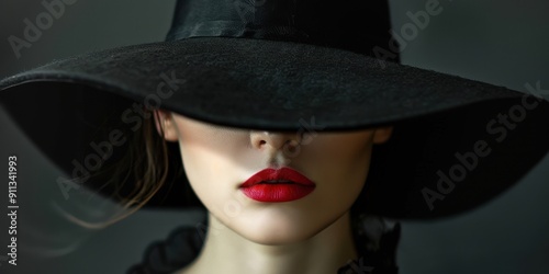 A woman wearing a black hat and red lipstick