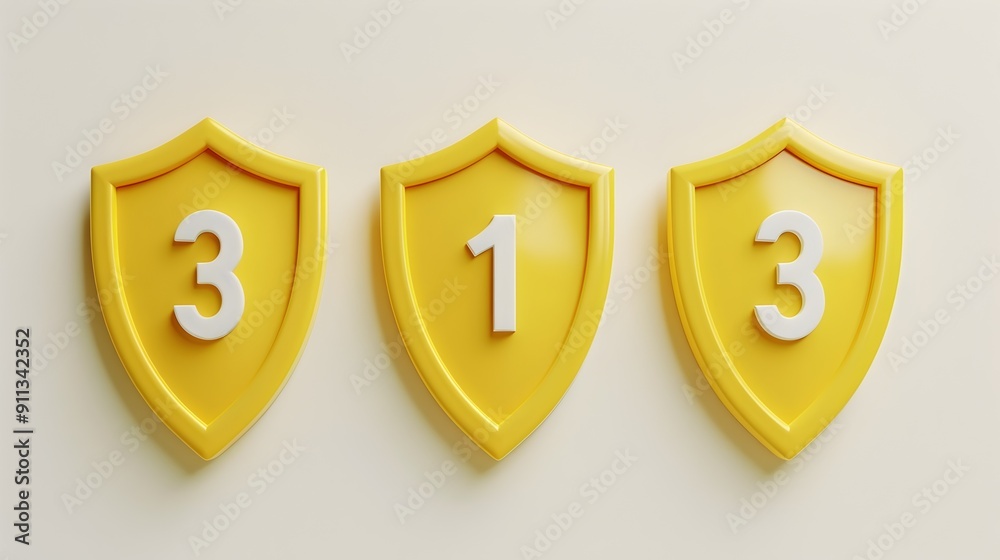 Three Yellow Shields with Numbers Representing Game or Competition Achievement Three Yellow Shields with Numbers Representing Game or Competition Achievement