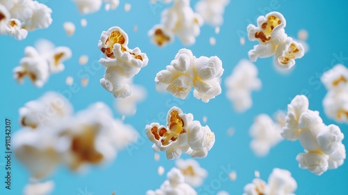 Popping Popcorn In Air On Blue Background