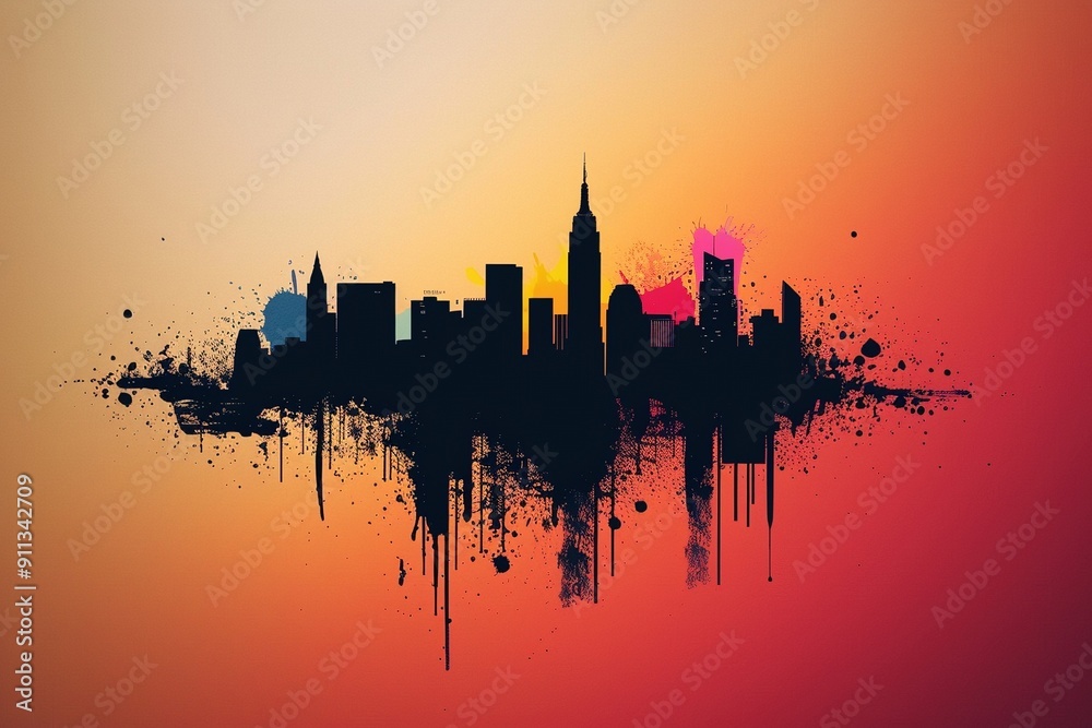 Silhouette of an urban skyline created through negative space techniques on a solid colored background Silhouette of an urban skyline created through negative space techniques on a solid colored background