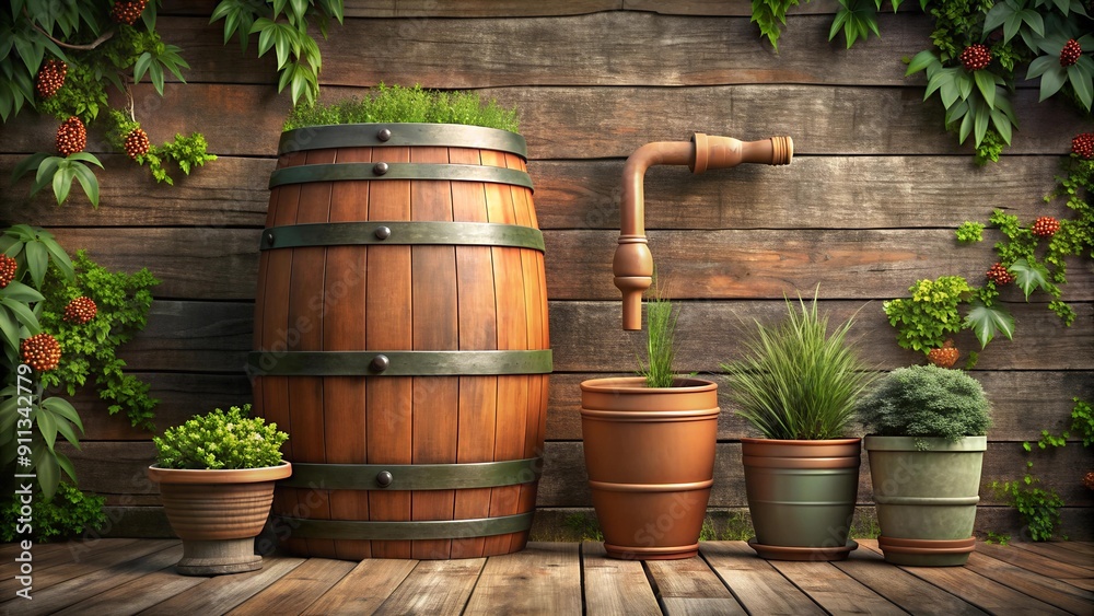 A Rustic Rain Barrel Collection System: A Natural Harmony AI generated A Rustic Rain Barrel Collection System: A Natural Harmony AI generated