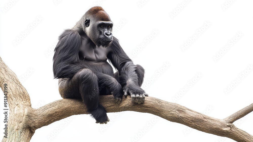 Sitting gorilla isolated on white background on a tree branch Sitting gorilla isolated on white background on a tree branch