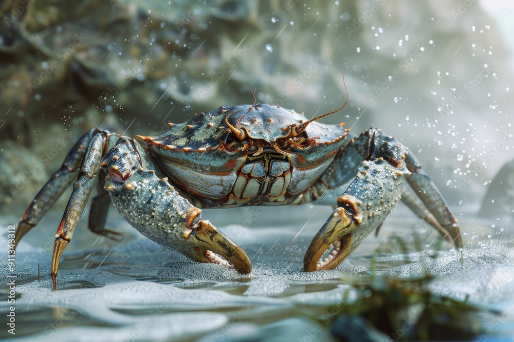 Close-up of a Blue Crab in Water with Rain Droplets Close-up of a Blue Crab in Water with Rain Droplets