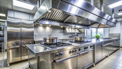 Wallpaper Mural Modern commercial kitchen metal extractor hood with sleek illumination, stainless steel finish, and electrical components, providing efficient ventilation and a sleek design. Torontodigital.ca
