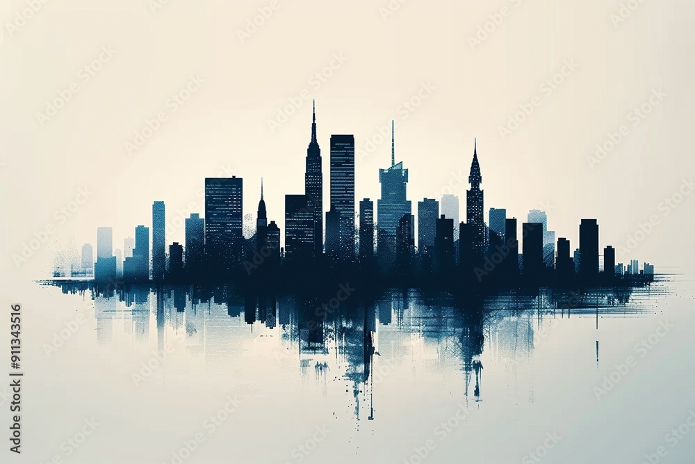 A minimalist city skyline outlined using negative space, set against a uniform solid color backdrop A minimalist city skyline outlined using negative space, set against a uniform solid color backdrop