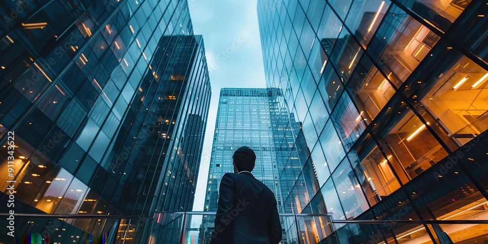 A man stands on a balcony of a high rise building, looking out over the city