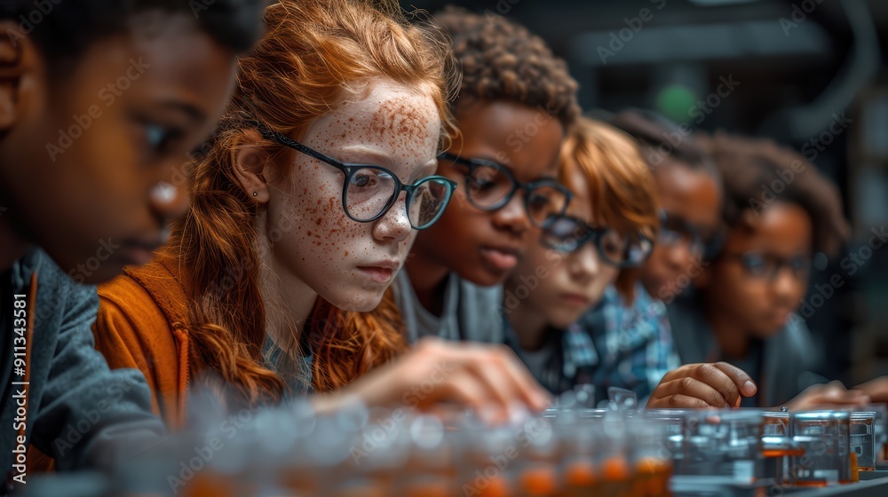 Obraz premium Diverse Students Conducting Science Experiment in High-Tech Classroom - Ultra-Realistic 4K Educational Image