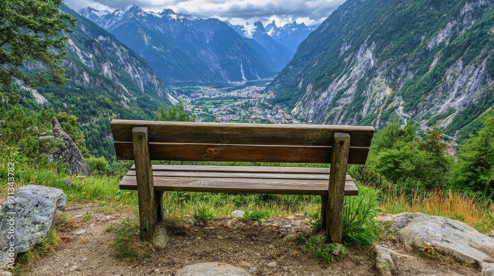 The illustration shows a generative AI version of a landscape view of a beautiful European mountain landscape with a bench The illustration shows a generative AI version of a landscape view of a beautiful European mountain landscape with a bench