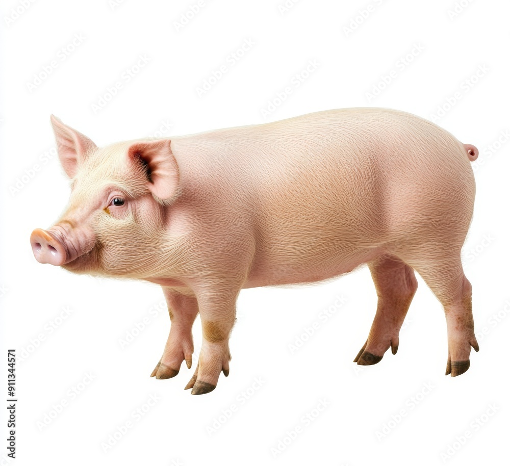 The picture shows a standing domestic pink pig on a white background as a transparent PNG. The picture shows a standing domestic pink pig on a white background as a transparent PNG.