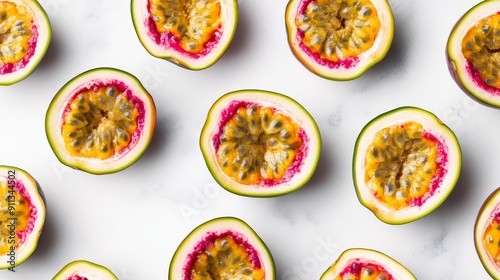 Passionfruit halves arranged in a circle, showing the unique texture of each piece, with a soft, diffused light enhancing the natural beauty