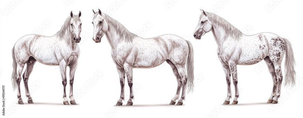 Animal bundle depicting a grey horse (portrait, standing), isolated on a white background, in transparent PNG format
