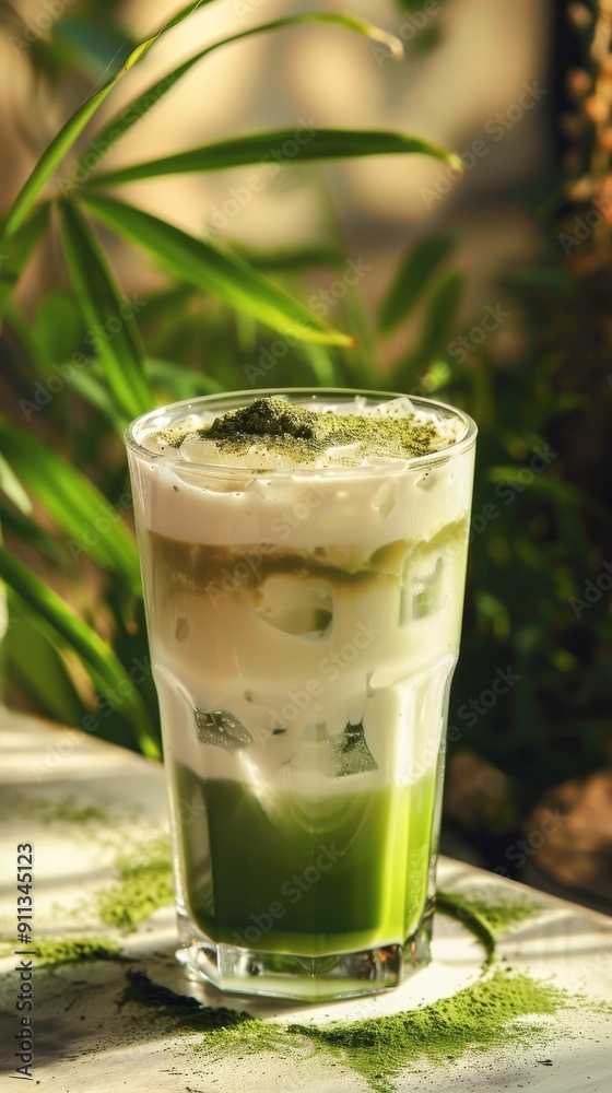 A glass of iced matcha latte A glass of iced matcha latte