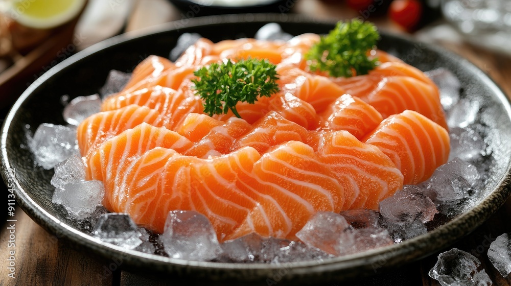 Close-up top view of raw salmon slices with ice cubes on a plate, emphasizing a fresh seafood presentation. Close-up top view of raw salmon slices with ice cubes on a plate, emphasizing a fresh seafood presentation.