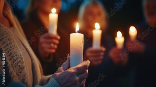 A group of people holding candles in their hands. Scene is warm and inviting photo