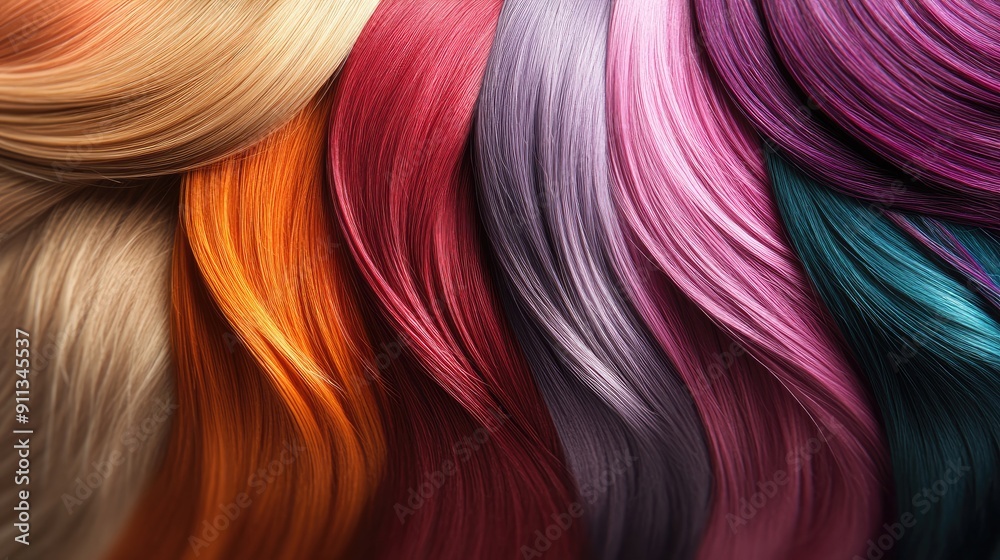 Colorful hair dye samples arranged in a palette, close-up shot highlighting the hues Colorful hair dye samples arranged in a palette, close-up shot highlighting the hues