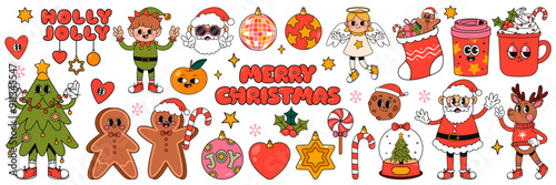 Big sticker pack of retro Groovy hippie Christmas characters and elements. Santa Claus, Christmas tree, gifts, holly jolly vibes, deer, elf, gingerbread in trendy retro cartoon style. Hand draw vector