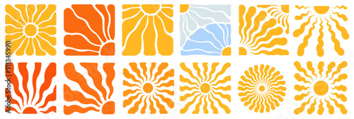 Sun groovy square design elements set. Groovy retro abstract sun backgrounds