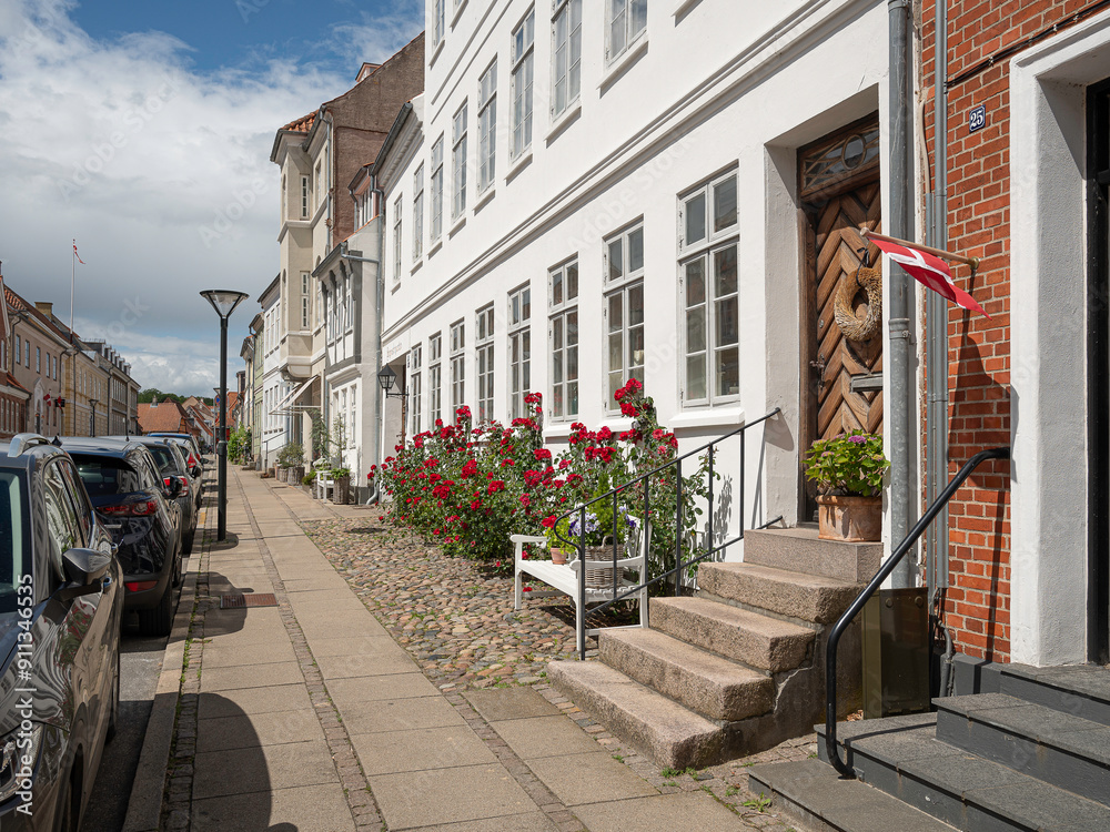 red roses on the sidewalk in front of The mayor's house in Middelfart