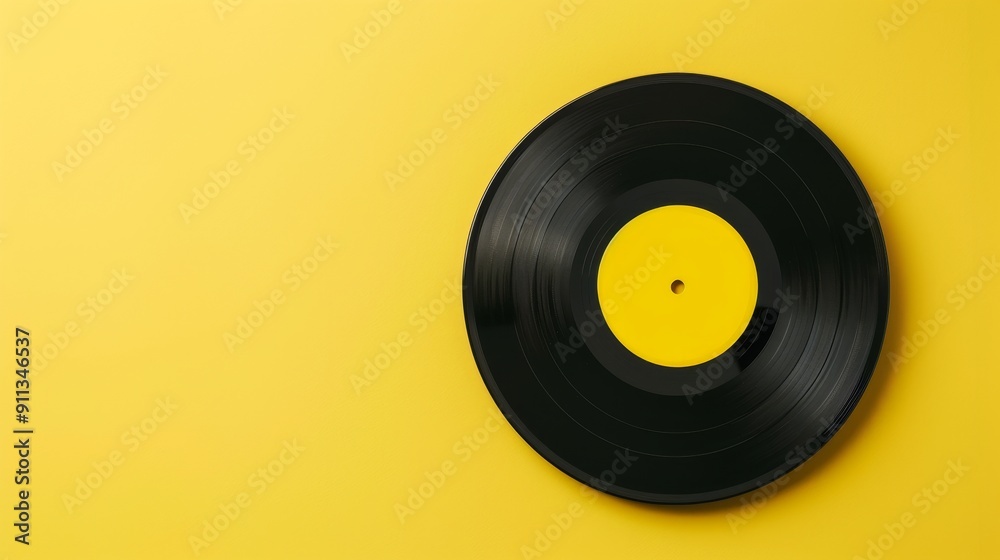 A vinyl record with a minimalistic label, placed in the center of a pastel yellow background. The background is smooth and even, with ample copy space. The lighting is soft and gentle, 
