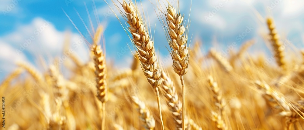 Close-up of golden wheat stalks against a blue sky.