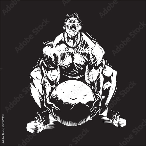 Heavy Body Builder Posing with Big Stone Vector White on Black for T-shirts and Wall Decal Workout Muscle Logo Fitness Bodybuilding Healthy Wall Sticker for Gym Decor