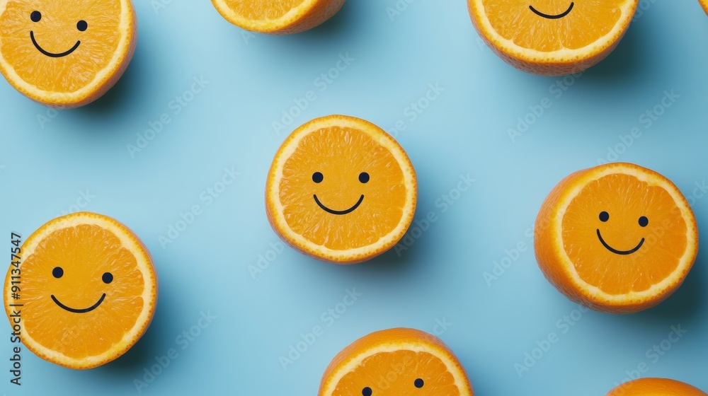 Fototapeta premium Playful image of orange fruits with quirky faces drawn on them, creating a fun and whimsical scene against a bright backdrop