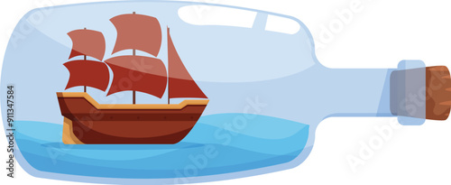 Miniature ship with red sails is sailing on blue water inside a glass bottle