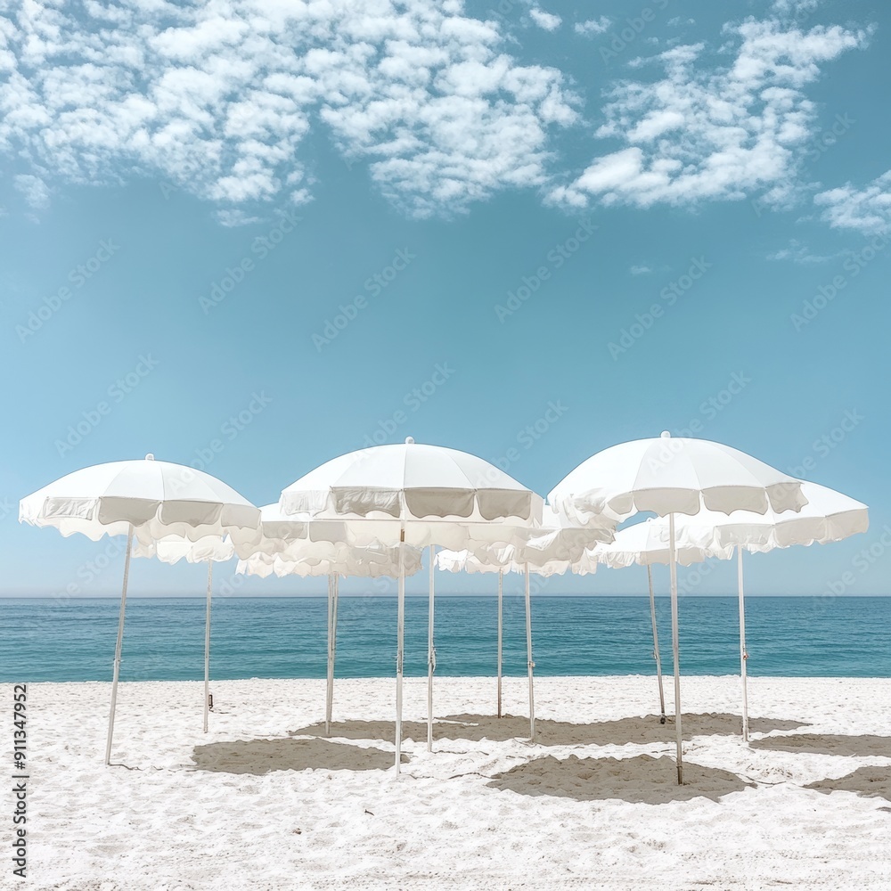 Fototapeta premium white beach umbrellas under clear blue sky