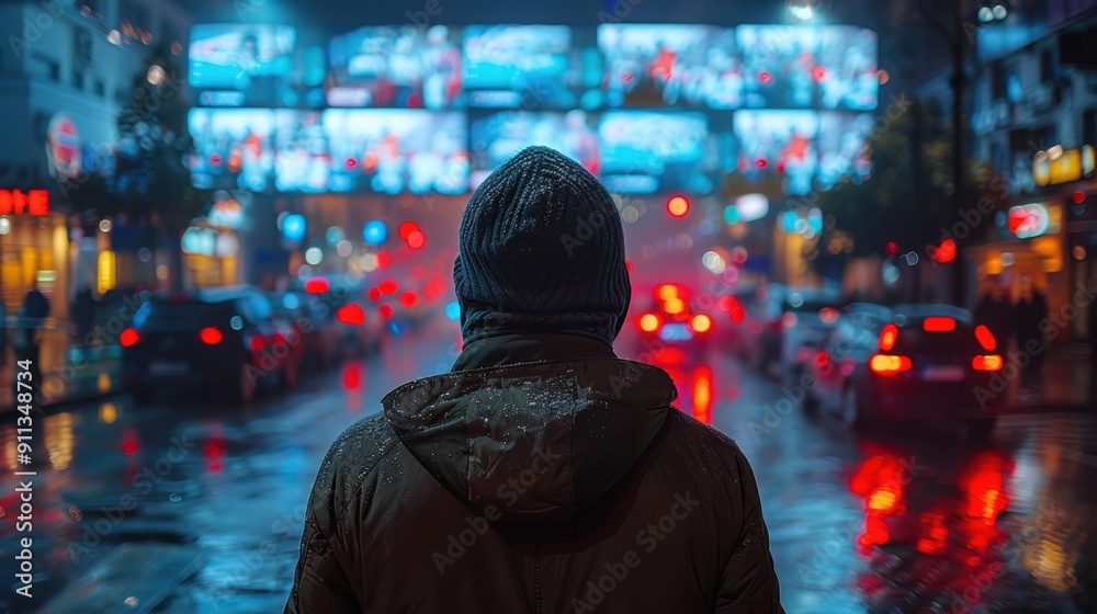 A person with a hooded jacket stands on a wet city street at night, surrounded by bright lights and moving cars.