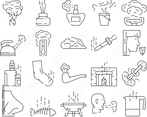smell nose aroma odor icons set vector. sense gas, air line, smoke cloud, fragrance fresh, bad loss, anosmia fart, woman smell nose aroma odor black contour illustrations