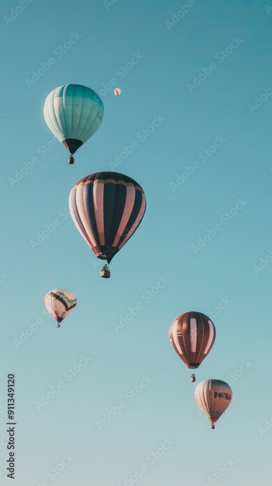 Naklejka premium several hot air balloons floating in the clear blue sky