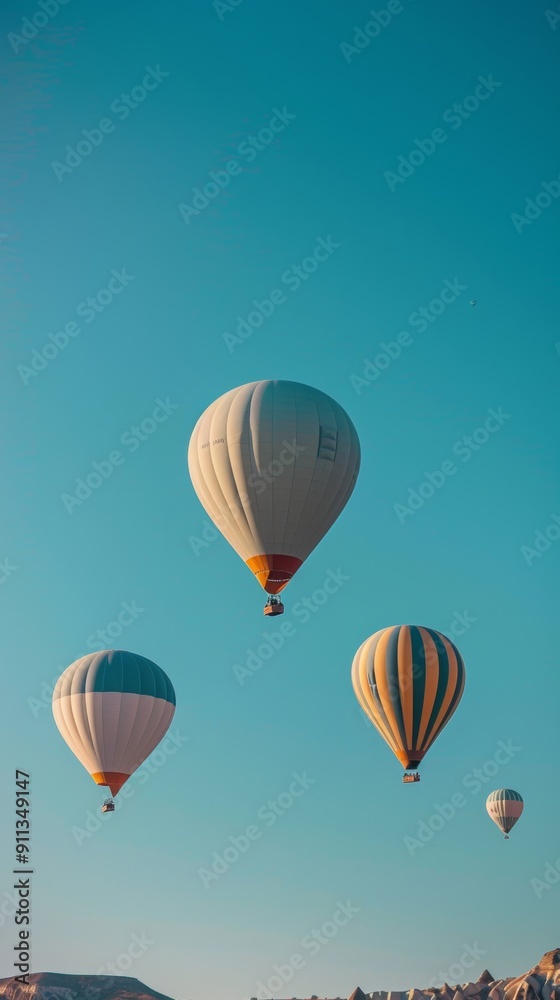 Naklejka premium several hot air balloons floating in the clear blue sky