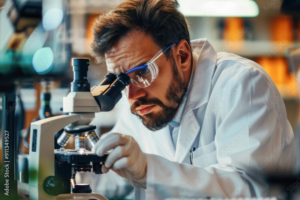 Scientist in a lab coat and safety glasses examining samples under a microscope. Scientist in a lab coat and safety glasses examining samples under a microscope.