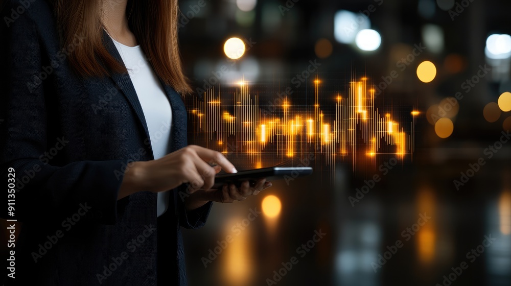 Fototapeta premium A focused business professional examines analytics on a digital interface, demonstrating expertise in data interpretation during a late evening in a contemporary workplace