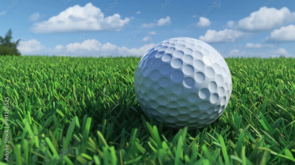 A realistic 3D golf ball resting on vibrant green grass under a clear blue sky with subtle clouds. 3D illustration. A realistic 3D golf ball resting on vibrant green grass under a clear blue sky with subtle clouds. 3D illustration.
