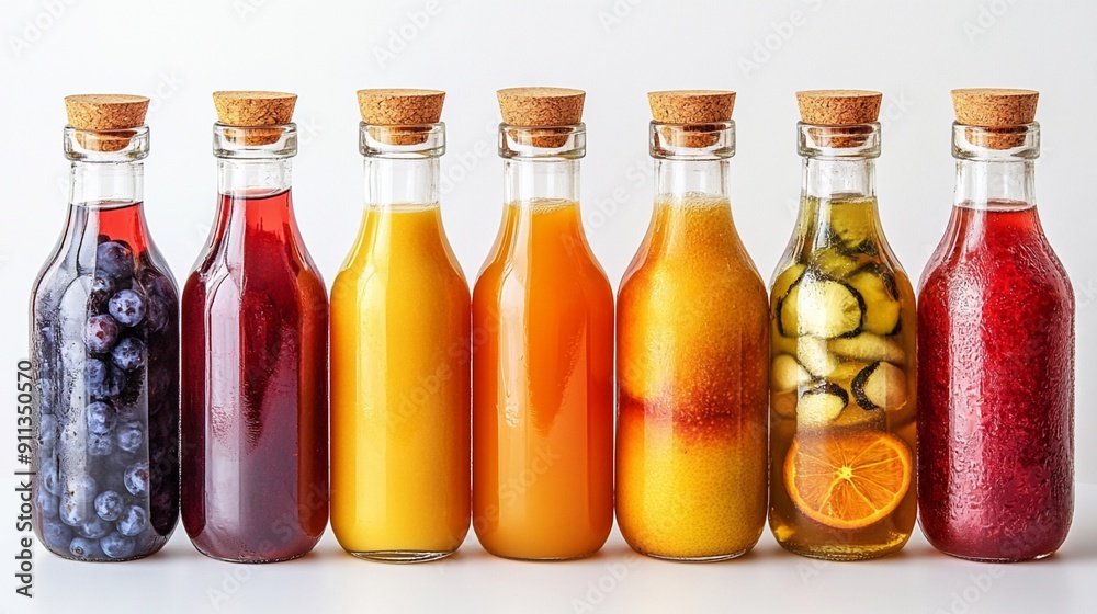 Assortment of healthy fresh fruit juices in glass bottles featuring flavors like watermelon, pomegranate, and grape, isolated on transparent background. Generative AI.
Assortment of healthy fresh fruit juices in glass bottles featuring flavors like watermelon, pomegranate, and grape, isolated on transparent background. Generative AI.