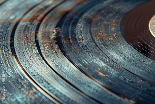 Close-up of Vintage Vinyl: A detailed photo of a classic record vinyl, showcasing its grooves and worn edges, evoking a nostalgic and musical atmosphere. photo