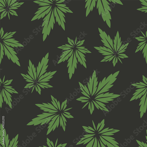 Vector Seamless Pattern with Flat Cannabis Leaves. Hemp, Cannabis Green Leaf on Black Background. Seamless Print with Medical Marijuana. Vector Illustration