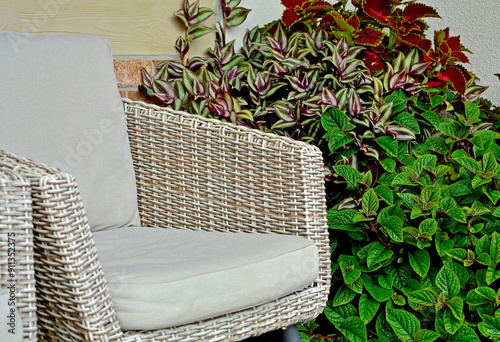 Obraz na płótnie jasny fotel wiklinowy na tarasie w ogrodzie, rattanowy fotel ogrodowy, sitting area in the garden, Recreation area in garden, ogrodowy kącik wypoczynkowy z roślinami i fotelem wiklinowym w salonie