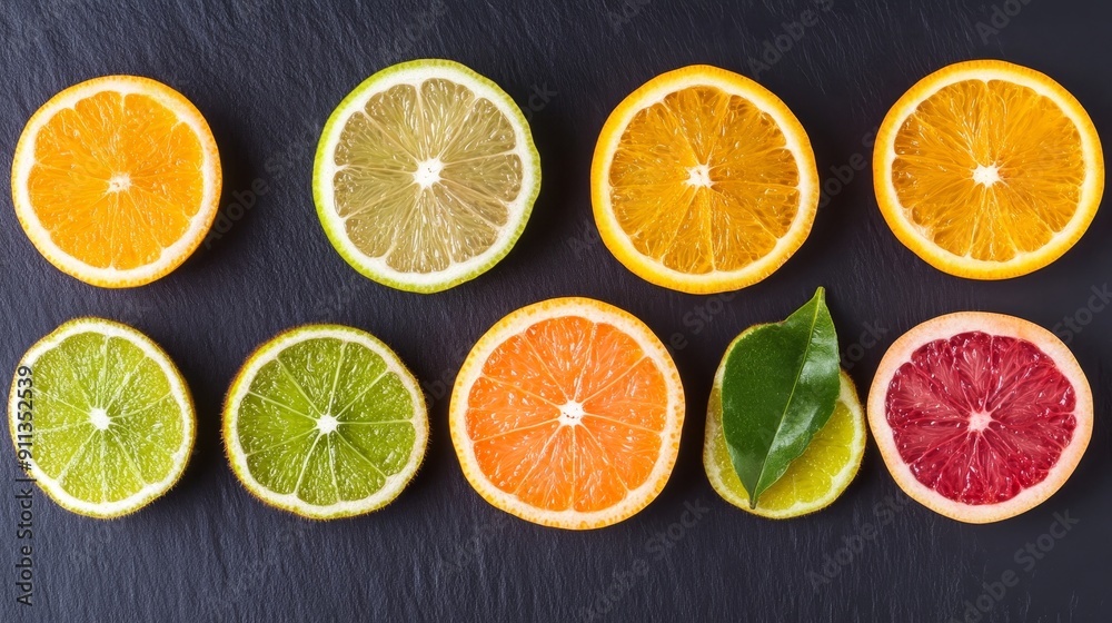 Obraz premium Ugli fruit cut into various creative shapes, displayed artistically on a dark slate background for dramatic contrast