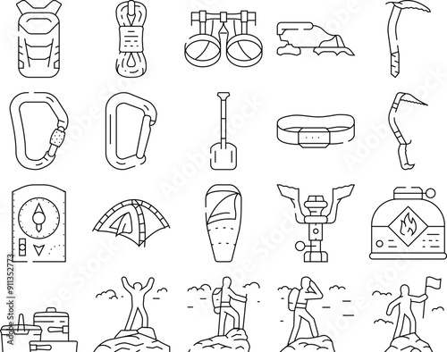 mountaineering tool sport icons set vector. adventure climbing, extreme equipment, climber activity, alpinism hiking, rope mountaineering tool sport black contour illustrations