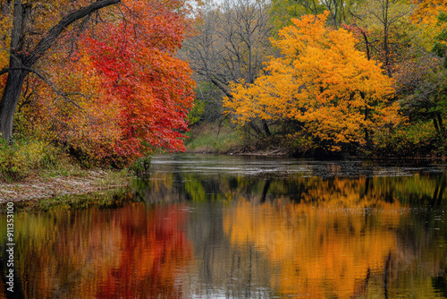 A peaceful riverbank adorned with autumn foliage.