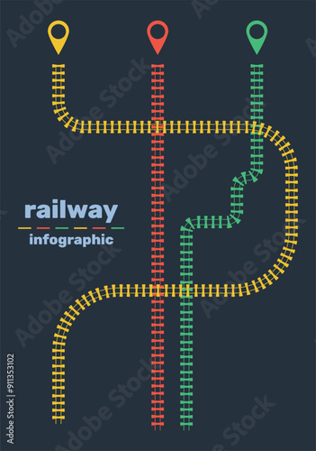 Railroad infographic with 3 track options. Red, yellow, green. Train or subway track map. Vector illustration on black background