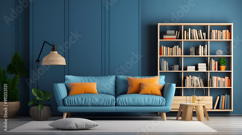 Renew blue scandinavian interior with modern sofa, chair, and bookshelf against blue wall ,Modern living room with blue sofa, shelves, books and decor objects